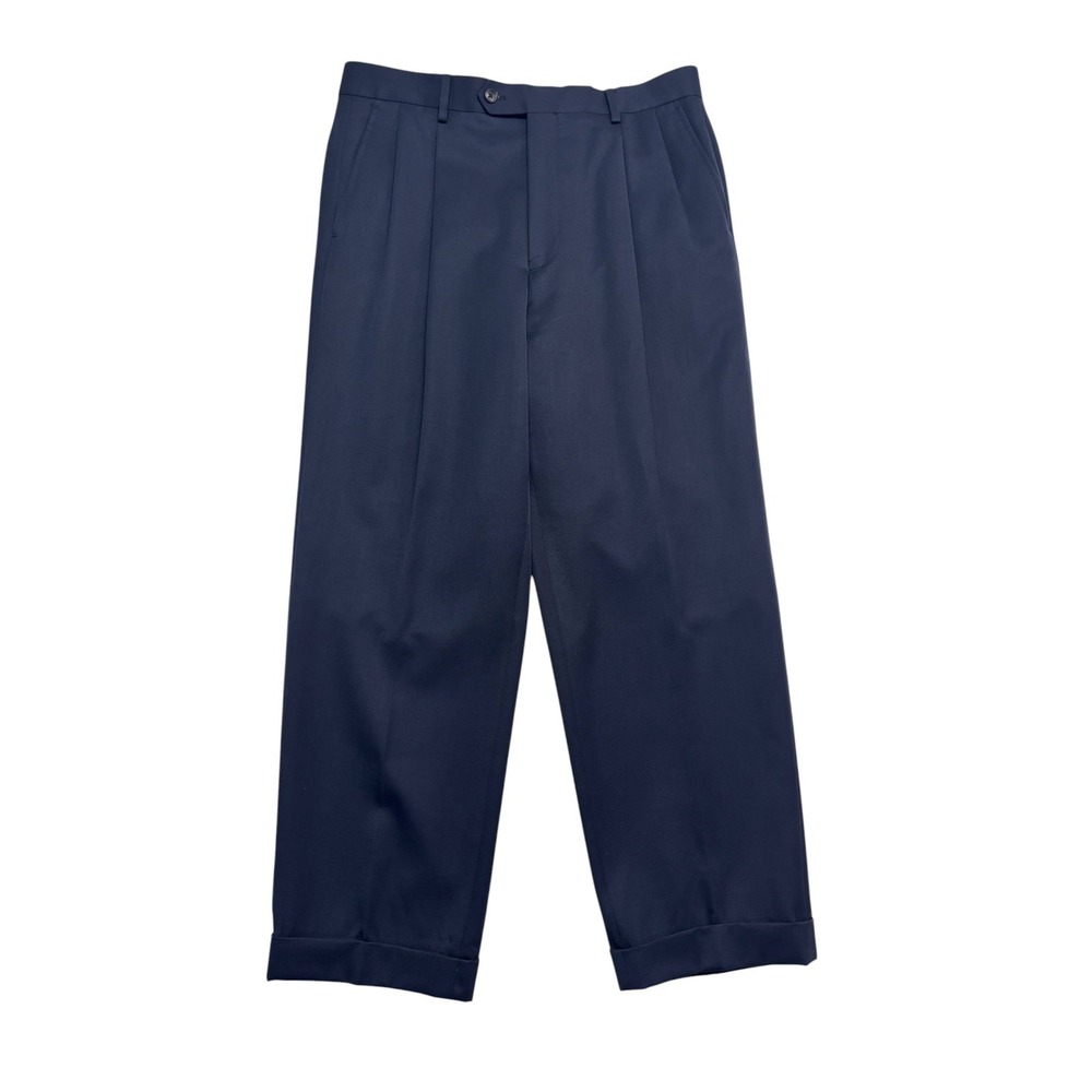 vtg Y2K 34x29 Navy Blue Linea Uomo Dress Suit Pants Trousers Wool Pleated Cuffed